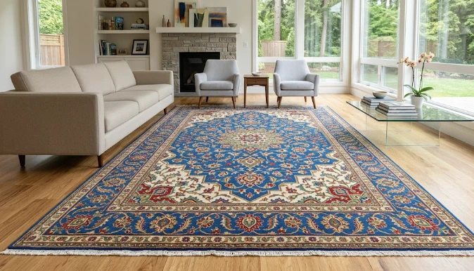 Freshly professionally cleaned Persian-style area rug in a bright Bothell WA living room — vibrant colors restored, wood floors visible at the edges