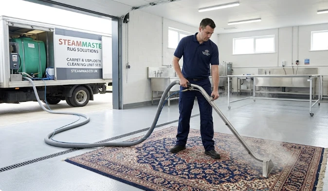 Professional hot water extraction cleaning process on a large area rug in Bothell WA — evidence-based deep cleaning method removing dust mites and allergens from fibers