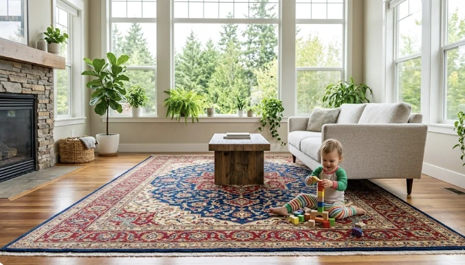 Clean, well-maintained area rug in a bright Bothell WA home interior — healthy indoor environment supported by regular professional floor covering care