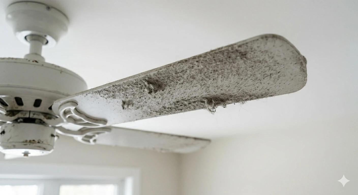 Dust on ceiling fan blades and blinds