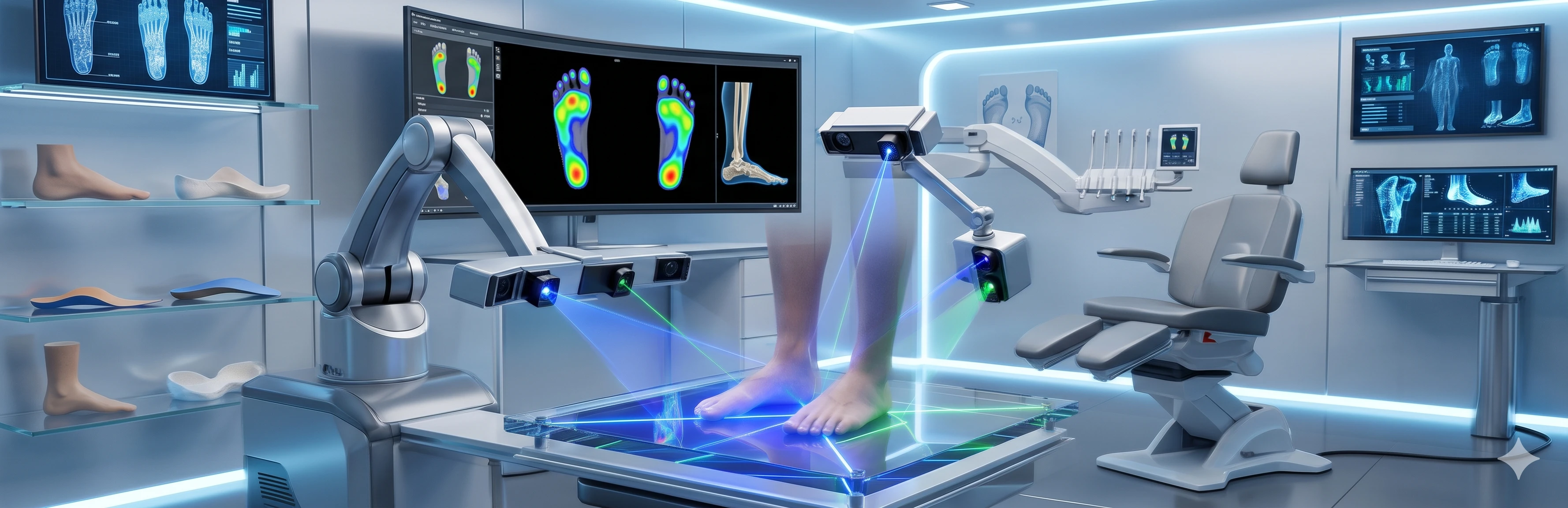 A podology specialist using a 3D scanner for a patient's foot assessment in a modern high-tech clinic