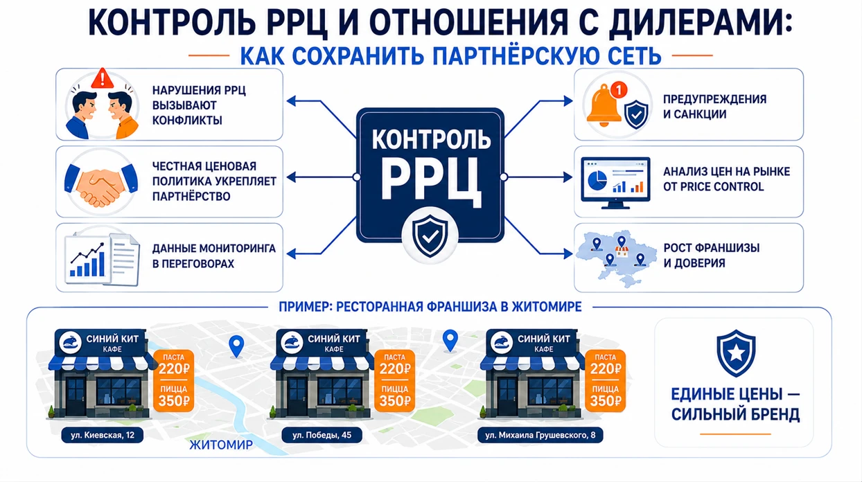 Инфографика о контроле РРЦ: защита партнерской сети, единые цены и рост франшизы ресторанов