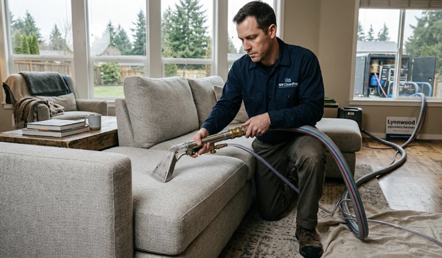 Professional upholstery cleaning technician treating a sofa in a Lynnwood WA home — steam extraction equipment on light-colored couch