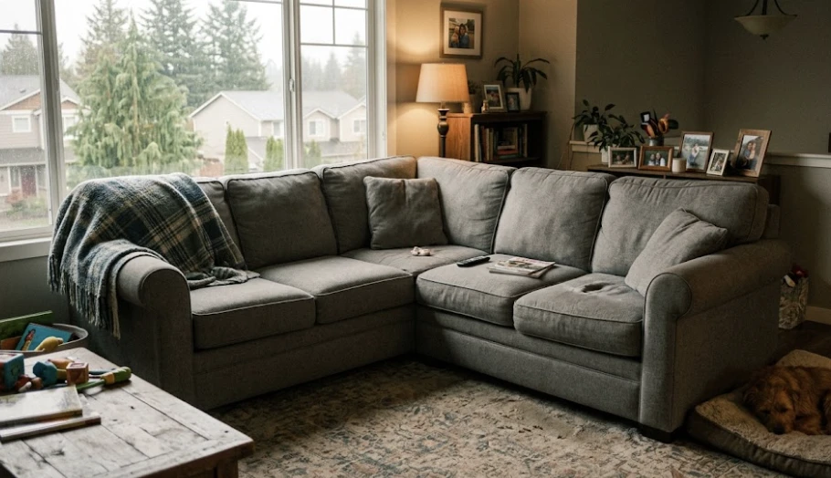 Family couch in a Lynnwood WA home before and after professional upholstery cleaning — showing color restoration and fabric freshness