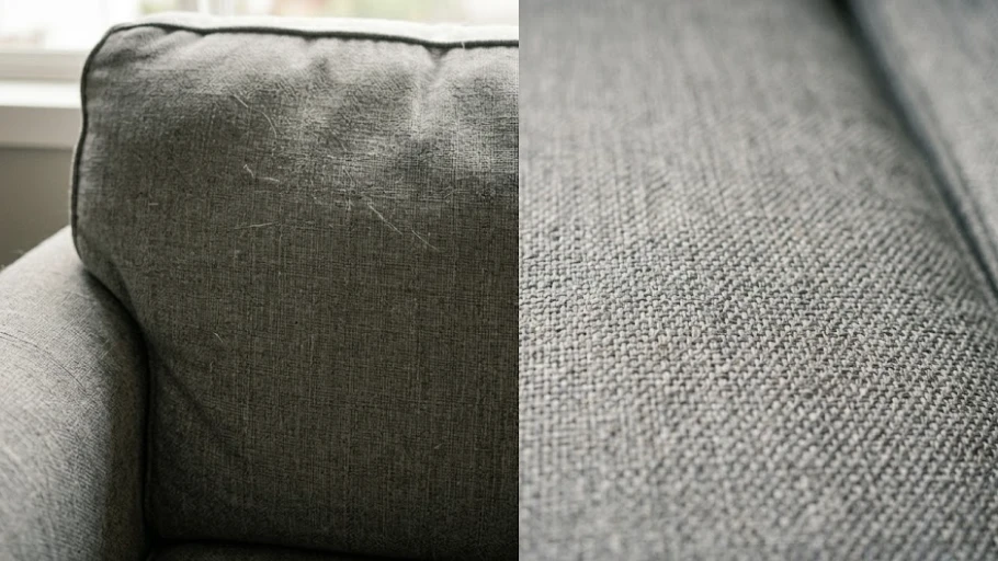Close-up comparison of sofa upholstery fabric — left side worn and dull, right side freshly cleaned and restored — professional couch cleaning Lynnwood WA
