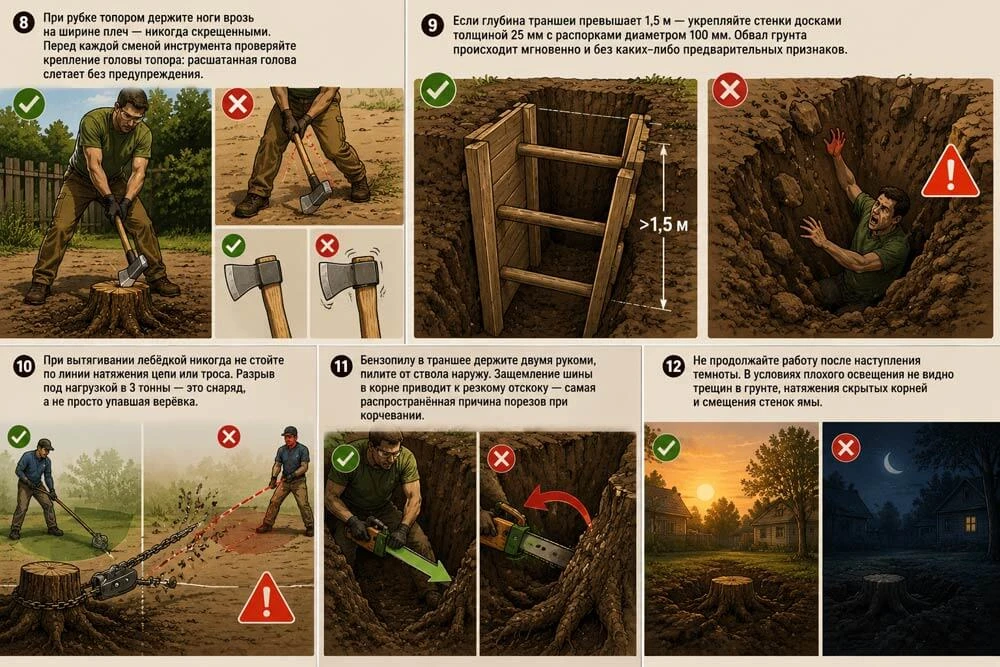 Техника безопасности при ручном корчевании пней
