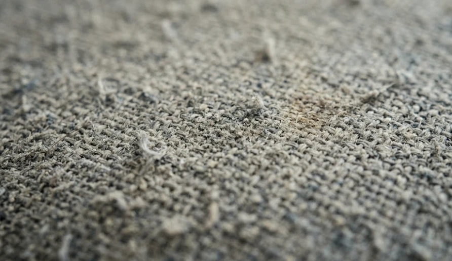 Macro view of upholstered sofa cushion fabric showing dust and fiber buildup — indoor allergen source in a Lynnwood WA home