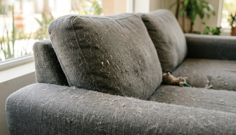 Pet hair and dander visible on fabric sofa upholstery — common indoor allergen source affecting Lynnwood WA households