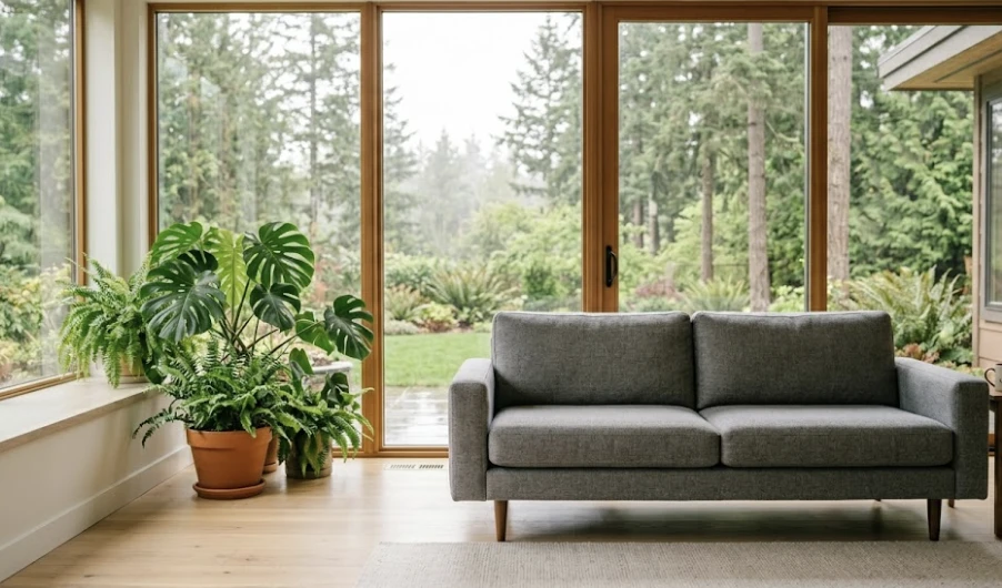 Freshly cleaned fabric sofa in a bright living room — allergy-conscious upholstery maintenance for a Lynnwood WA home