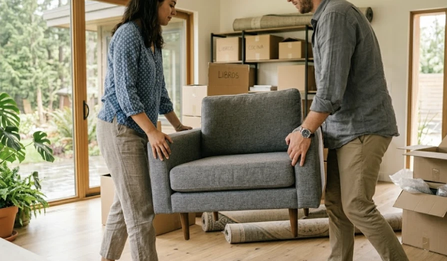 Couple arranging furniture together in a new shared home in Lynnwood WA — combining furniture from two households