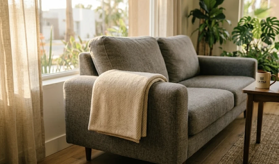 Freshly cleaned sofa in a shared living room of a Lynnwood WA home — furniture refreshed for a couple moving in together