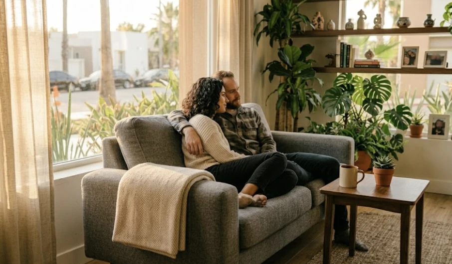 Couple relaxing on a clean fabric sofa in their Lynnwood WA home after combining two households