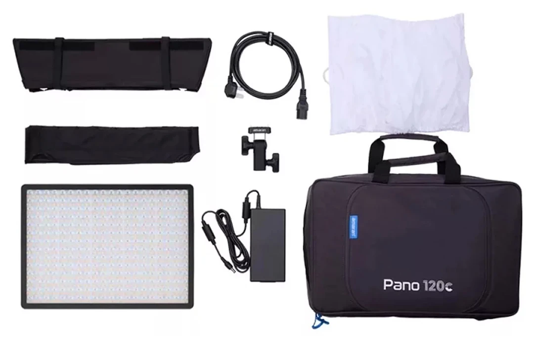 Комплект Amaran Pano 120c: LED-панель, софтбокс, блок живлення, кабель, кріплення та сумка для перенесення