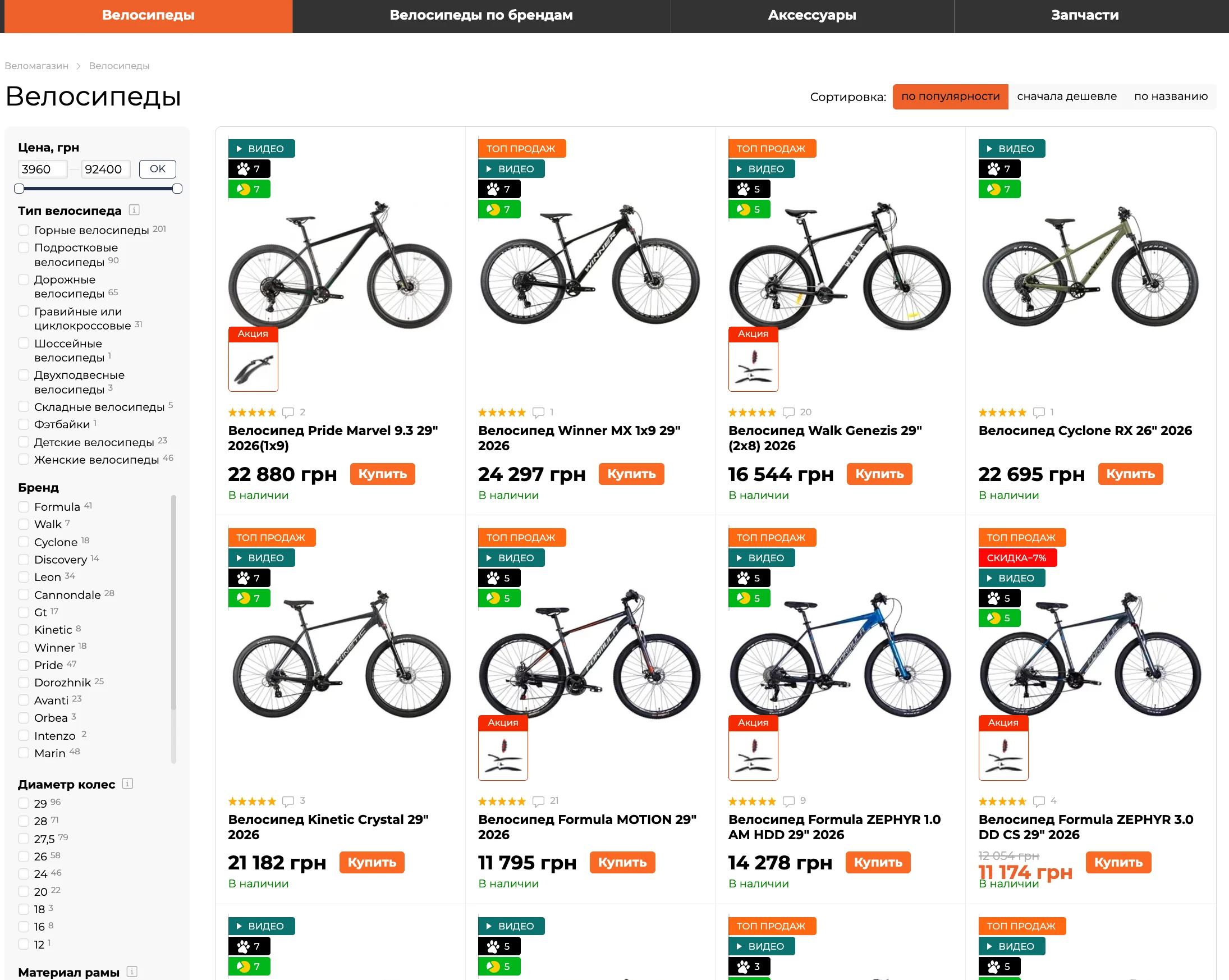 каталог велосипедов на VELOPODIUM