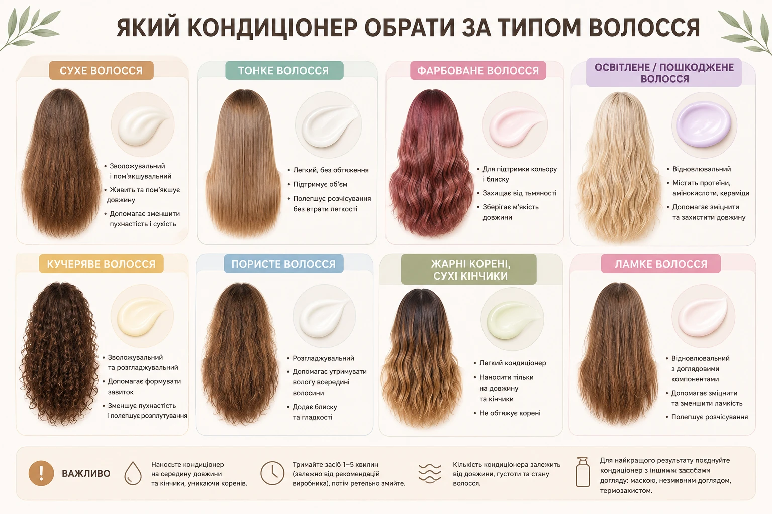 Інфографіка про вибір кондиціонера для сухого, тонкого, фарбованого, освітленого, кучерявого, пористого та ламкого волосся