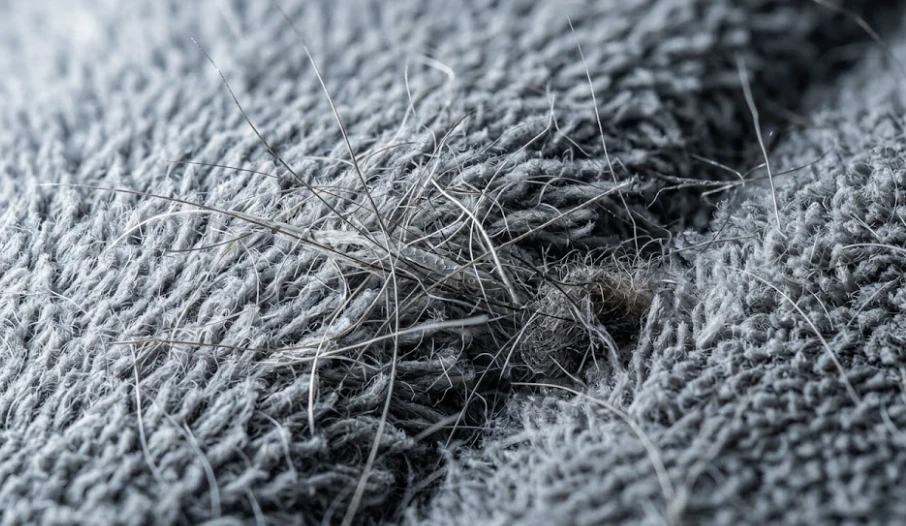 Close-up of dog hair deeply embedded in microfiber sofa fabric showing fiber structure