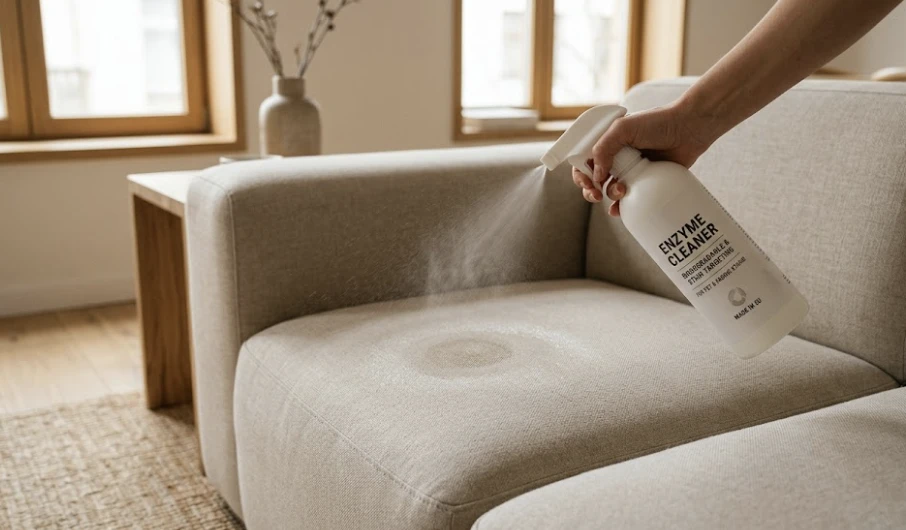 Enzyme cleaner being applied to fabric sofa cushion with a spray bottle, fresh pet stain treatment