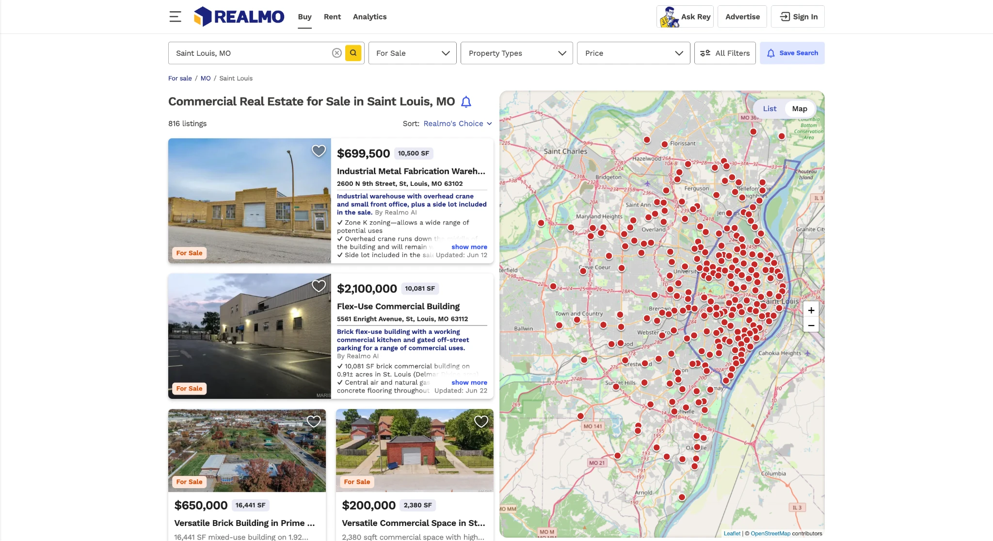 a search by city on realmo's cre platform