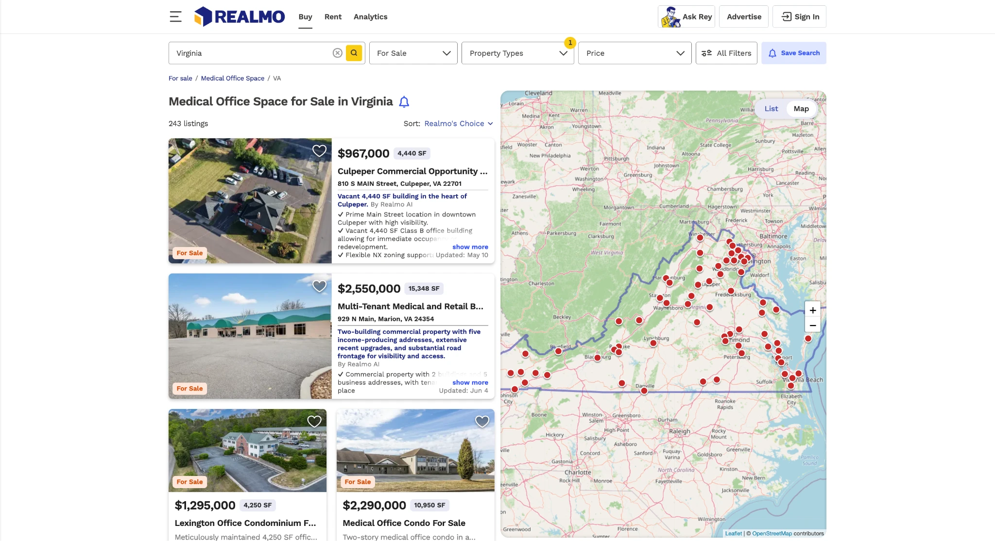 a search by state on realmo's cre platform
