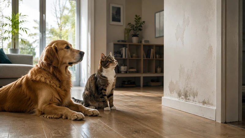 Como proteger animais de estimação durante fugas de água e infiltrações em Noticias Cão e gato numa habitação moderna com sinais discretos de humidade causados por uma fuga de água