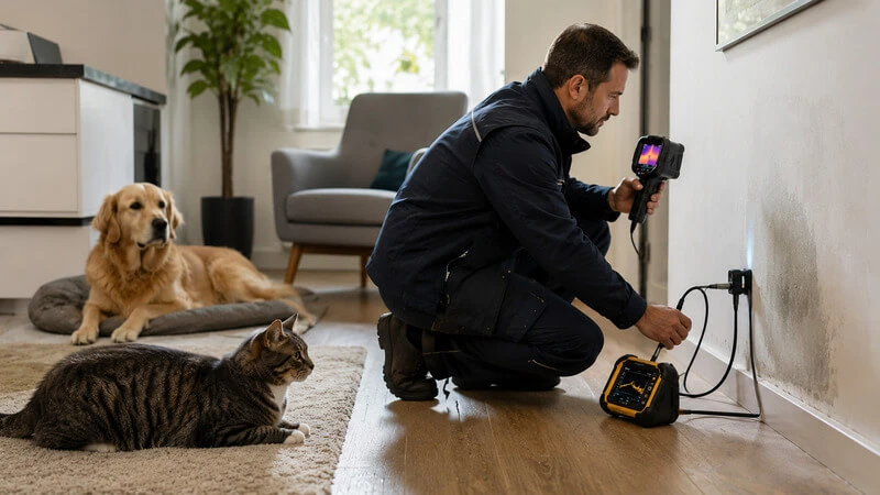 Como proteger animais de estimação durante fugas de água e infiltrações em Noticias Técnico realiza inspeção não destrutiva para localizar uma fuga de água enquanto cão e gato permanecem em segurança na habitação