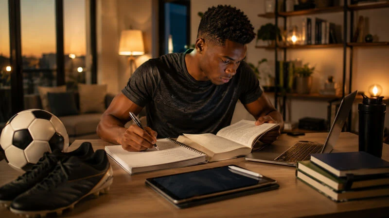 disciplina-habitos-aprendizado-continuo-futebol-vida-profissional Profissional estuda após treino esportivo em uma rotina de aprendizagem contínua e desenvolvimento pessoal