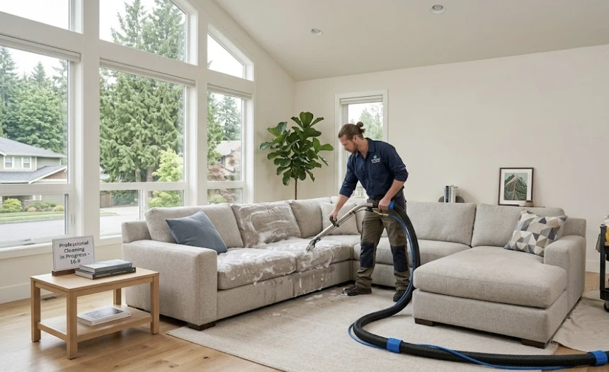 Professional upholstery cleaning technician cleaning a light gray fabric sectional sofa in a Bothell Washington home living room, truck-mounted extraction hose visible