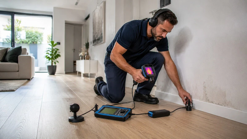 Técnico realiza uma inspeção não destrutiva para localizar uma fuga de água numa habitação antes que ocorram danos maiores.
