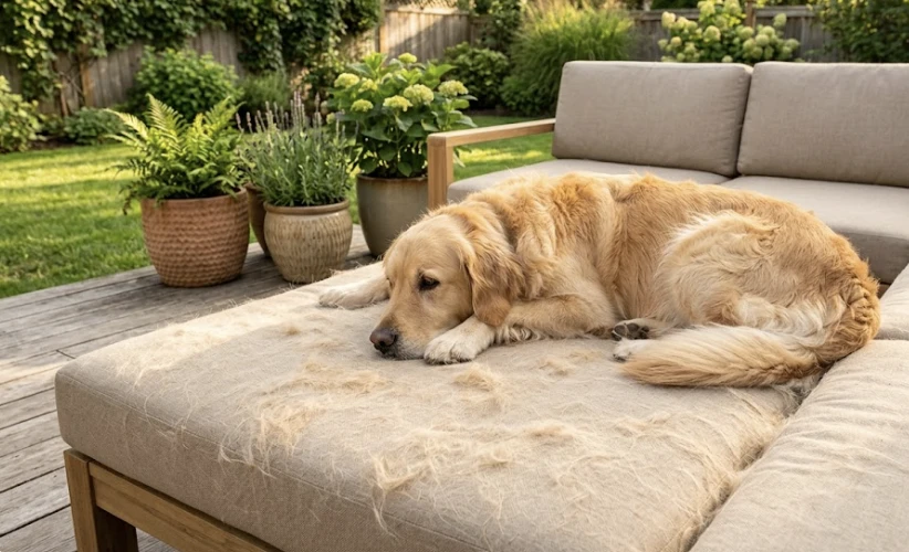 Golden retriever lounging on a beige outdoor patio sectional cushion covered in visible dog hair, backyard patio setting with potted plants