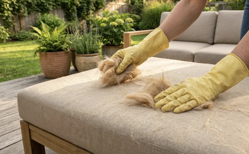 Hands wearing yellow rubber dish gloves removing dog hair from a beige outdoor fabric cushion by wiping in one direction, clumps of pet hair visible on the fabric surface