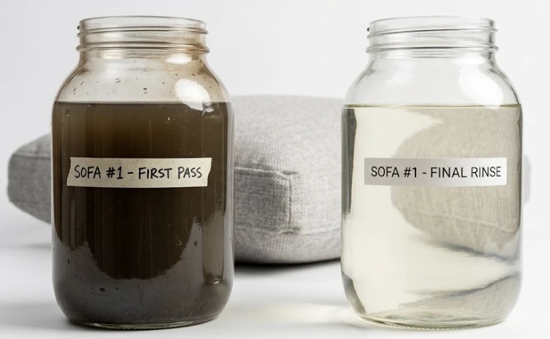 Two clear containers side by side showing extraction water from professional upholstery cleaning — left container holds dark brown heavily soiled water from first pass, right container holds nearly clear water from final rinse pass