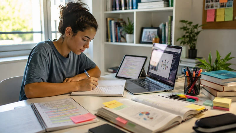 Estudante utiliza técnicas de aprendizagem em um ambiente organizado para se preparar para vestibulares e ENEM