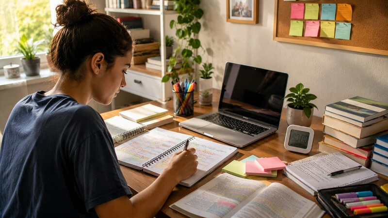 Estudante organiza um cronograma semanal de estudos com livros, computador e agenda em ambiente doméstico organizado