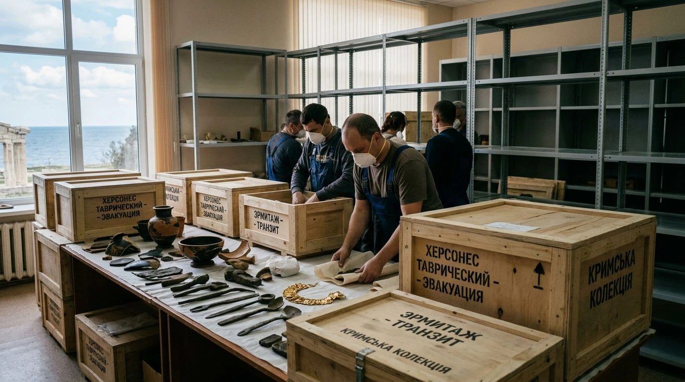 Люди в масках пакують археологічні артефакти у дерев'яні ящики з написами про евакуацію з Херсонеса в Ермітаж та Кримську колекцію. У вікні видно море та античні руїни.