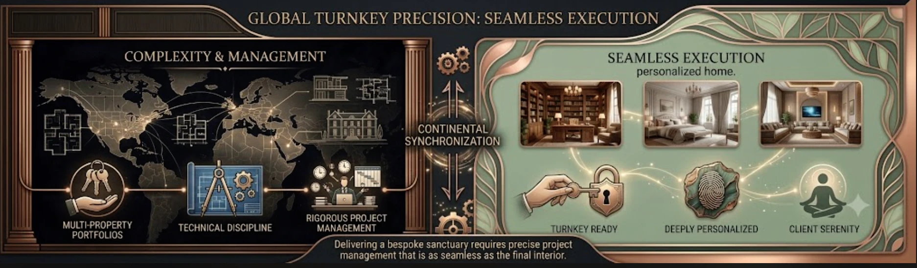 A completed luxury residential interior showing turnkey design quality with custom finishes