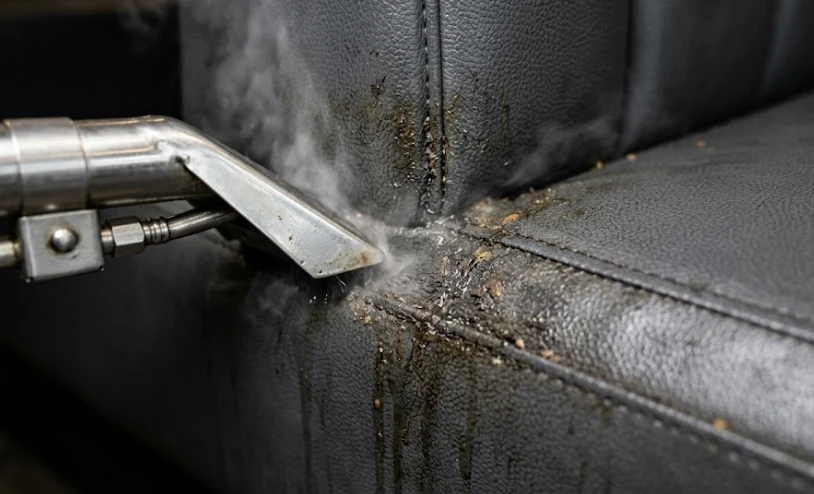 What Seattle Restaurant Owners Actually Lose When Booth Upholstery Goes Uncleaned 2 Close-up of restaurant booth vinyl seating seam area being cleaned with professional equipment, showing accumulated contamination in the seam fold before professional cleaning treatment