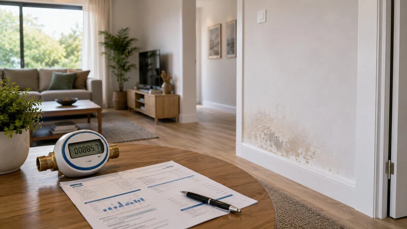 Sala moderna de uma habitação portuguesa com um discreto sinal de humidade, um contador de água e uma fatura, ilustrando uma fuga de água oculta.