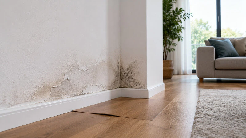 Parede de uma habitação moderna com humidade, tinta a descascar e pequenos sinais de bolor provocados por uma fuga de água escondida.