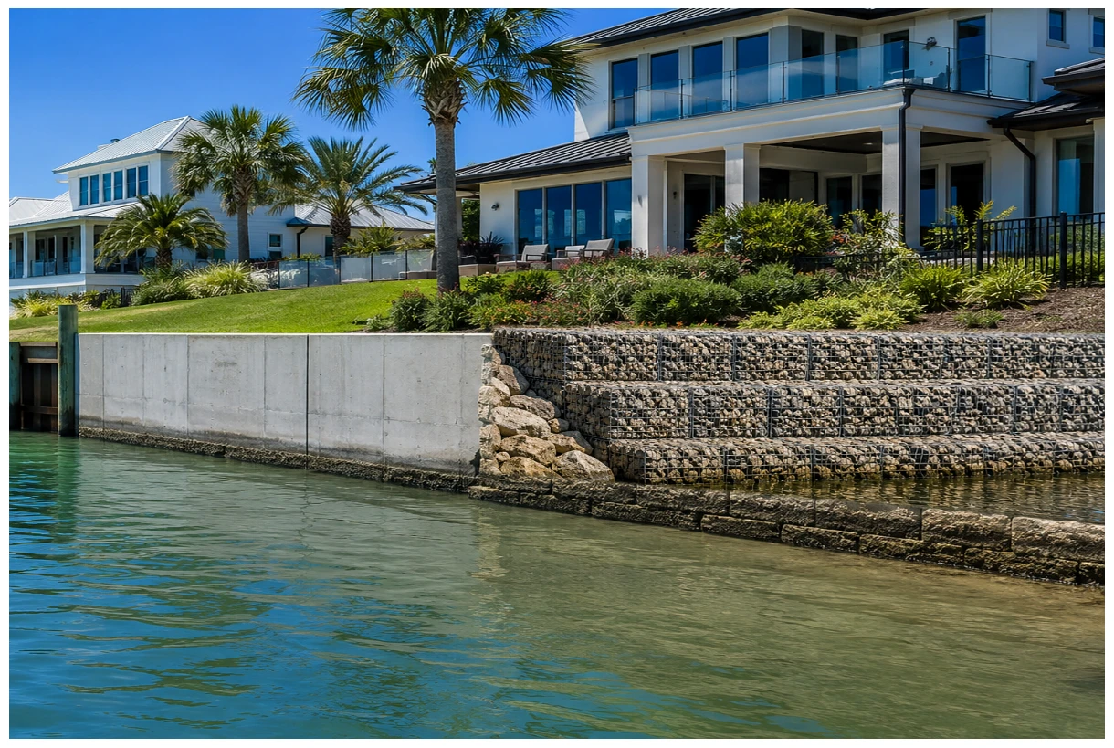 Gabion and reinforced concrete retaining walls compared beside a waterfront slope