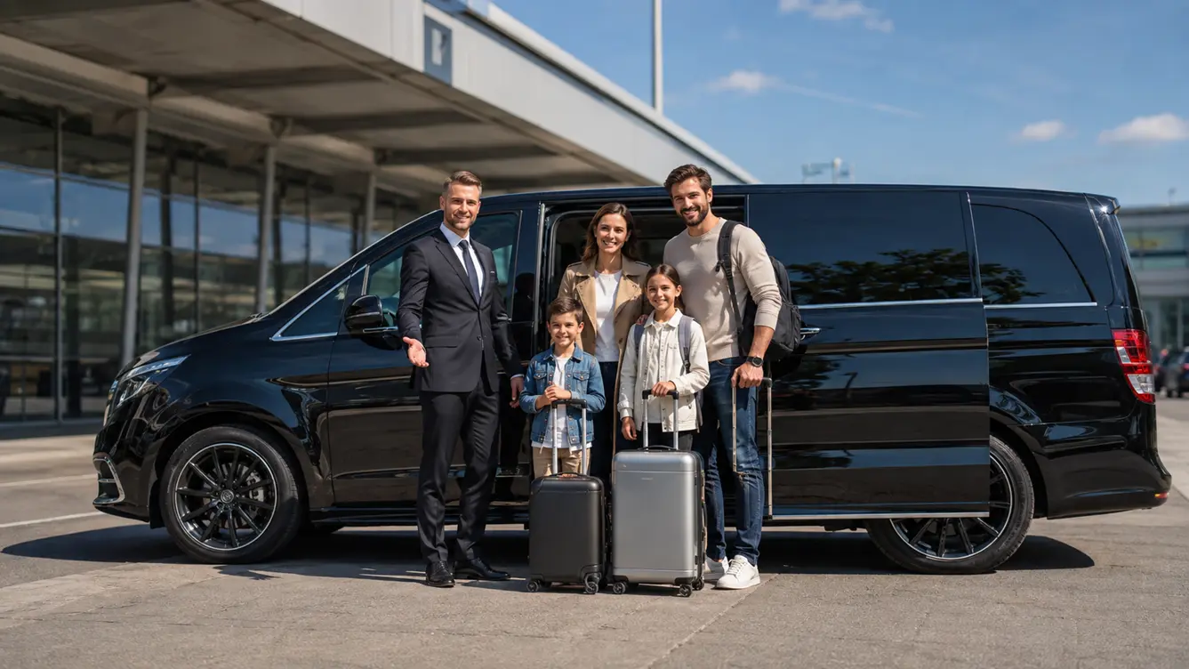 Family arriving at a Milan airport before a private transfer