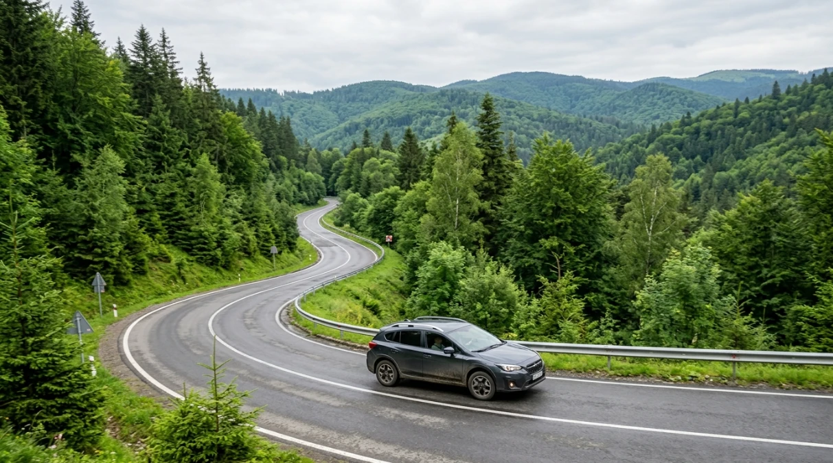 Автомобіль на гірській дорозі в Карпатах біля Яремче