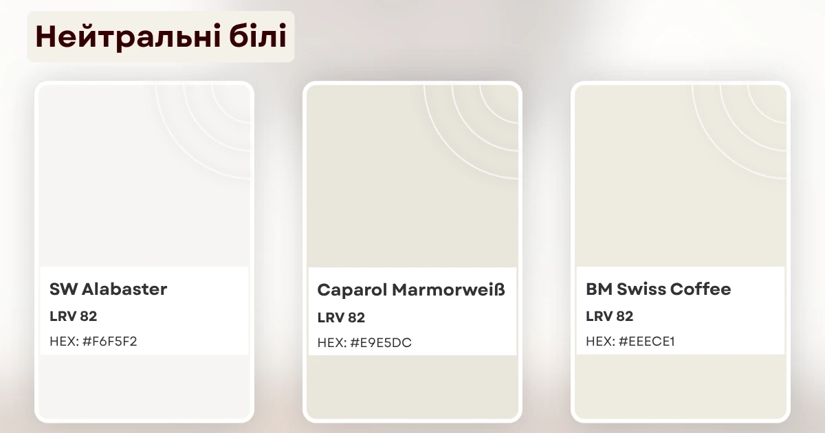 Three neutral white paint chips: Sherwin-Williams Alebaster, Caparol Marmorweiss, Benjamin Moore Swiss Coffee