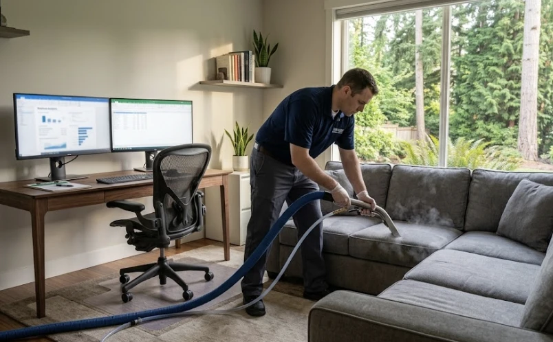 Professional upholstery cleaning technician using hot water extraction wand on a gray fabric sofa in a Kirkland WA home office, extraction hose and equipment visible, morning light, suburban Pacific Northwest home interior