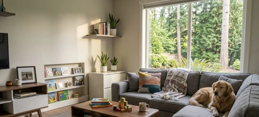 Bright, comfortable Kirkland WA family living room with upholstered sectional sofa, children's toys on the floor, dog resting on the couch, Pacific Northwest natural light through large windows, clean home atmosphere