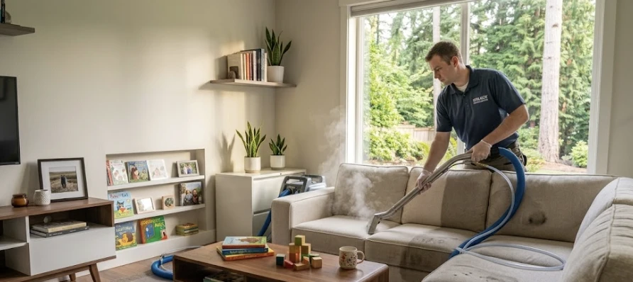 Professional upholstery cleaning technician treating a family sofa in a Kirkland WA home, hot water extraction equipment visible, bright living room with children's books on a side table, before-after contrast visible on cushion fabric