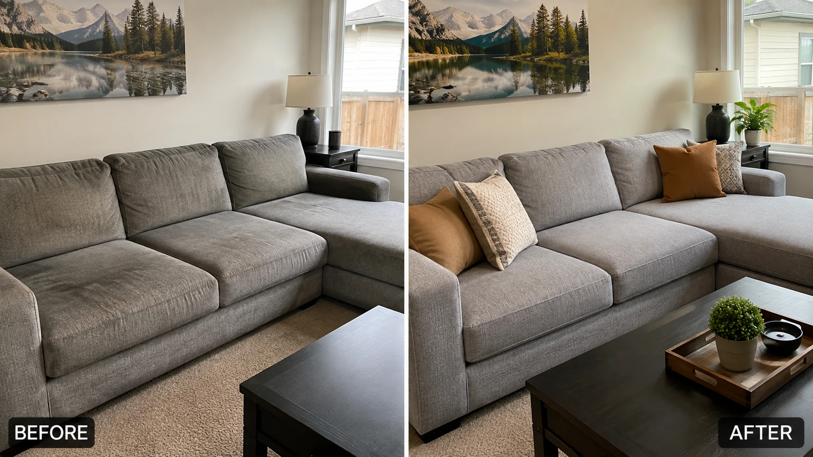Before and after comparison of a Pacific Northwest living room refresh — left side shows worn upholstered gray sectional with slightly dull fabric, right side shows same sofa after professional cleaning with visibly brighter, refreshed fabric texture, new throw pillows and plants completing the room transformation