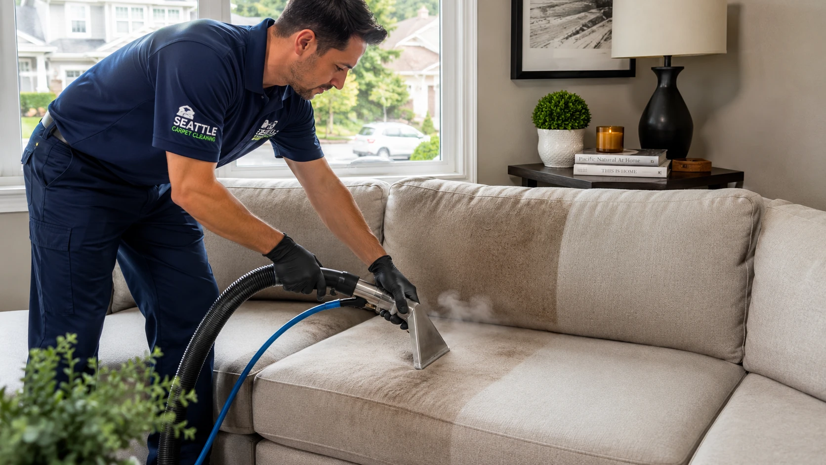 Professional upholstery cleaning technician treating a beige fabric sofa in a Lynnwood WA home, hot water extraction wand in use, before-and-after fabric contrast visible on adjacent cushions, bright living room with home decor accessories on side table