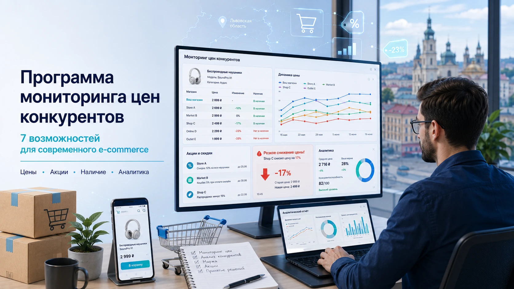 Менеджер e-commerce анализирует цены конкурентов, акции и наличие товаров в программе автоматического мониторинга цен.