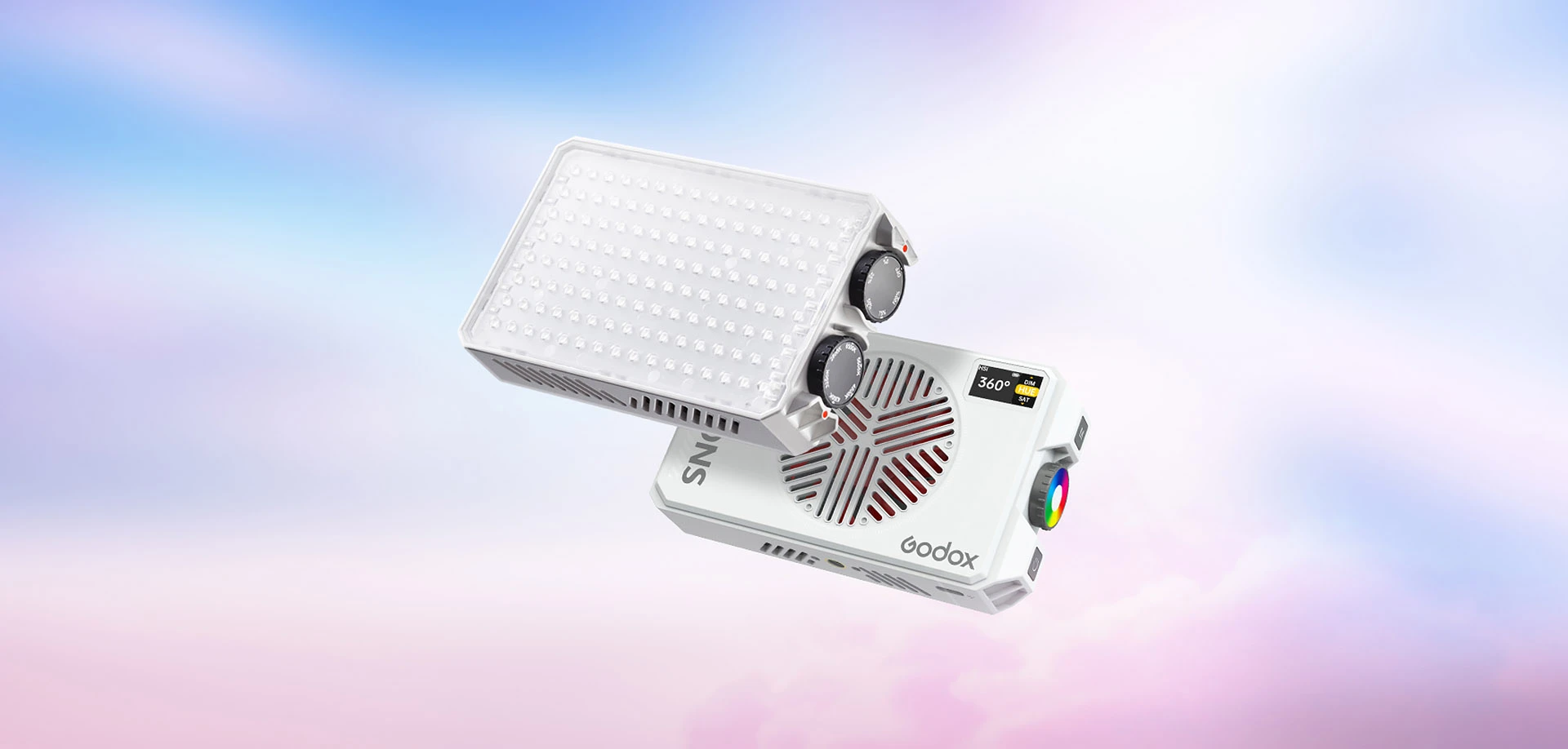 Дві білі компактні світлодіодні панелі Godox Litemons C30R з передньою діодною матрицею та задньою панеллю налаштування колірного режиму HSI 360 градусів