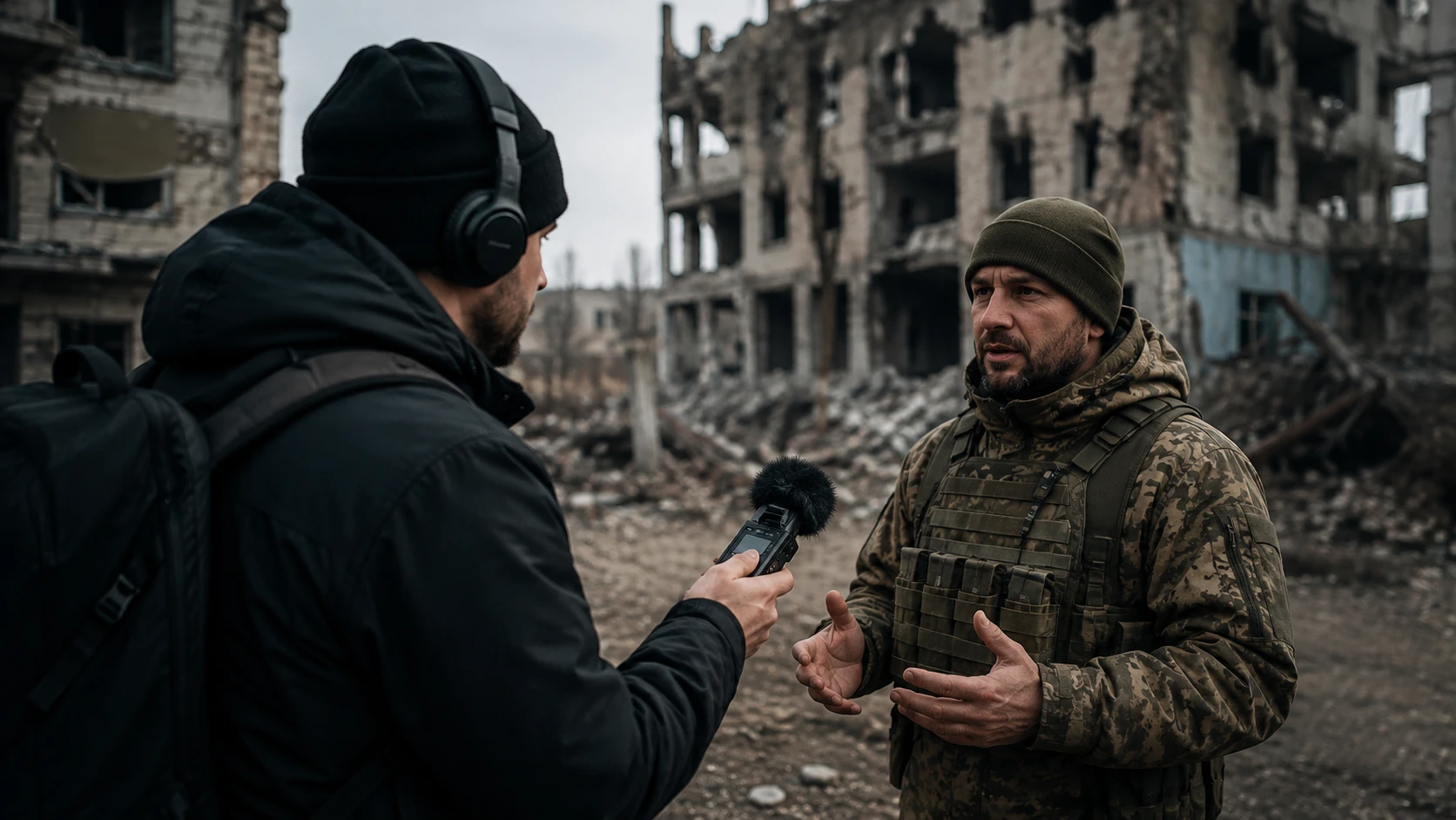 Журналіст бере інтерв’ю у військового на тлі зруйнованих будівель